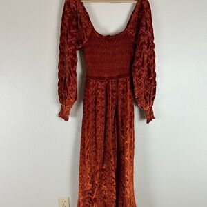 ASOS 4 Orange Velvet Midi Dress Floral Eyelet Renaissance Victorian Whimsical